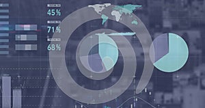 Displaying translucent data dashboard overlay in software interface, with pie charts and world map