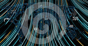 Displaying translucent global map on dark data dashboard, showing flowing datastreams and hexagons