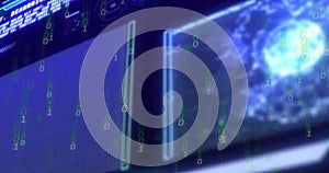 Displaying two digital panels streaming binary code in cyber command center, with globe view