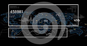 Displaying world-map dashboard on console, showing two white frames, waveform, numeric 450801