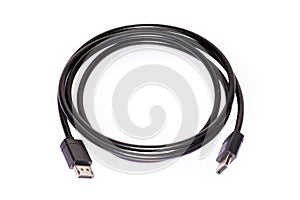 DisplayPort cable with full-size connectors on a white background