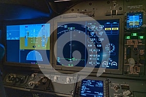 Displays and cockpit layout of a modern passenger jet airplane