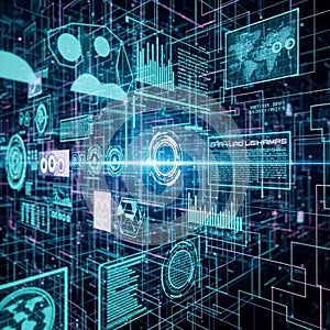 Displays include bar charts, circular data visualizations, and world maps