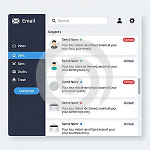 Displays a list of unread messages with placeholder text and