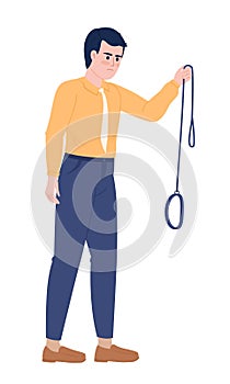 Displeased male pet owner holding empty leash semi flat color vector character