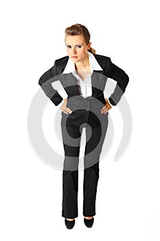 Displeased modern business woman isolated on white