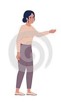 Displeased woman stretching arm in disagree semi flat color vector character