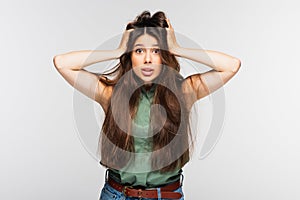 displeased young woman with tousled long