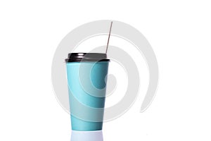 Disposable blue cup with paper straw, isolated white background. Mockup template