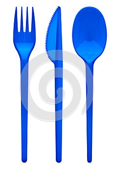 Disposable blue plastic fork, knife, spoon