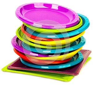 Disposable bright plastic plates stacked