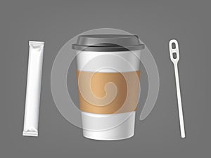 Disposable coffee cup with stick and sugar set