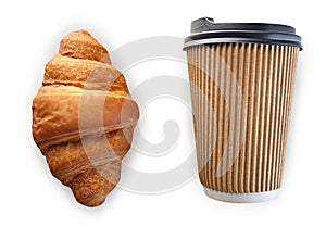 Disposable cup of coffee and croissant isolated on white background