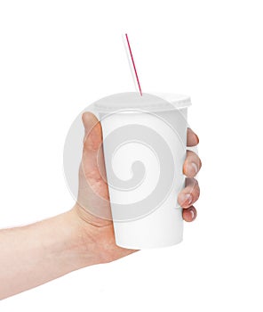 Disposable cup of coffee in hand isolated