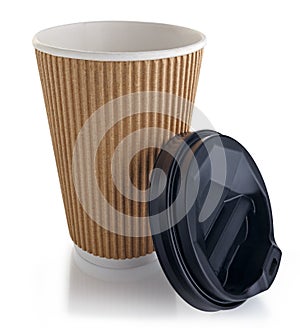 Disposable cup of coffee isolated on white background