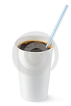 Disposable cup of cola fizzy drink with straw photo