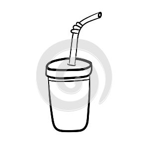 Disposable Cup with a drink. A simple sketch drawn by hand. Vector illustration in Doodle style.