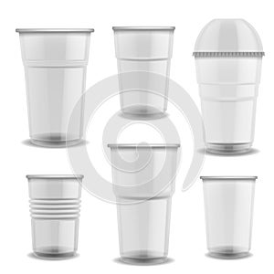 Disposable cups transparent plastic. Glasses with dome lid empty various size for cold and hot drinks, coffee or juice