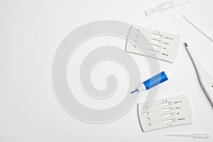 Disposable express hepatitis test kit on white background, flat lay. Space for text