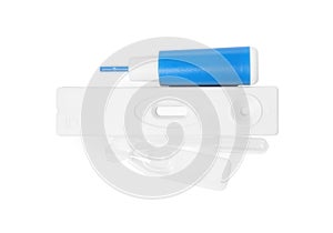 Disposable express test kit for hepatitis on white background, top view