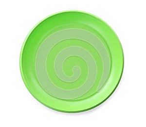 Disposable green plastic plate isolated on white, top view