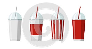 Disposable paper beverage cup templates set for soda or cocktail with transparent hemisphere lid. Blank white, big red