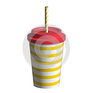 Disposable paper beverage cup templates set for soda with drinking straw. 3d blank white big red striped cardboard soft drinks