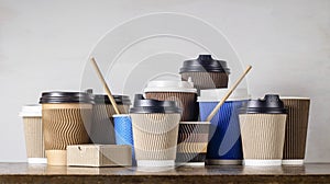 Disposable paper coffee cups in different colors and designs