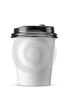 Disposable paper cup with black plastic lid for hot beverages to go isolated on white