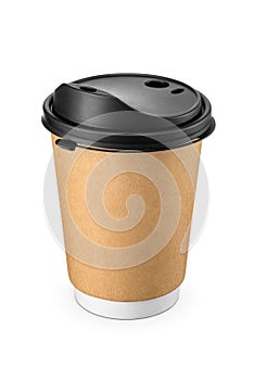 Disposable paper cup with brown sleeve and black plastic lid for hot drinks isolated on white