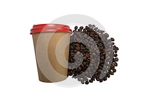 Disposable paper cup of coffee and handful of roasted coffee beans