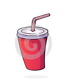Disposable paper cup with soda and straw. Glass with carbonated cold drink. Film industry and fast food symbol