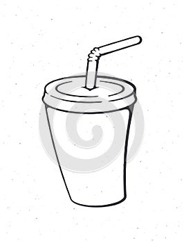 Disposable paper cup with soda and straw. Outline. Cartoon glass with carbonated cold drink. Film industry and fast food symbol.