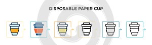 Disposable paper cup vector icon in 6 different modern styles. Black, two colored disposable paper cup icons designed in filled,