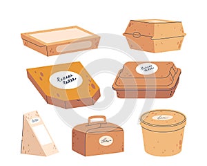 Disposable Paper Packages Set. Eco-friendly, Lightweight Containers Such As Packs, Boxes, Plates, Cups And Utensils