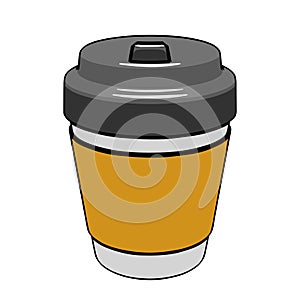Disposable paper or plastic cup for coffee or tea with lid and cup sleeve, front view
