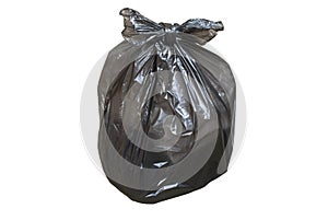 Disposable plastic bag full of garbage isolated photo