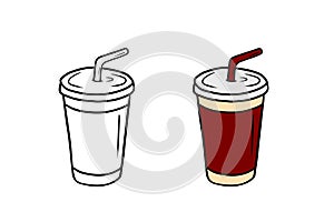 Disposable plastic carton cup with straw for tea, coffee, soda drink in red colors isolated on white background. Hand