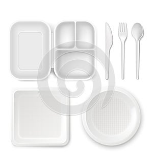 Disposable plastic dishware vector illustration of 3D realistic lunchbox plate and cutlery spoon, knife or fork isolated