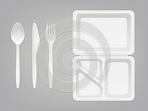 Disposable plastic lunchbox and cutlery vector illustration of plate, spoon, knife or fork isolated 3D realistic