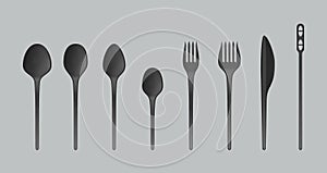 Disposable plastic spoon, fork and knife cutlery. Realistic black plastic party or picnic tableware