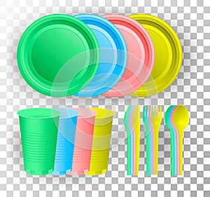 Disposable plastic tableware. Multi-colored glass cup, knife, fork and spoon. Vector illustration.