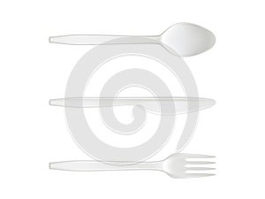 Disposable plastic vector spoon, knife and fork isolated cutlery realistic isolated icons