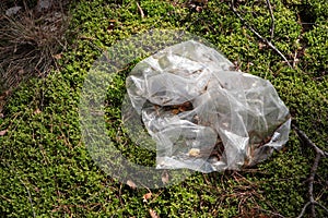 Disposable polyethylene bag on grass outdoors, top view. Recycling problem