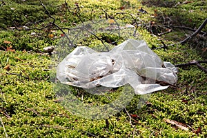 Disposable polyethylene bag on grass outdoors. Recycling problem