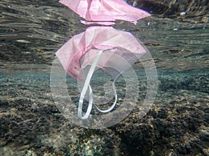 Disposable protection mask under the sea, residues of the covid-19 pandemic, overuse of surgical masks during coronavirus pandemic