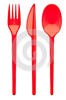 Disposable red plastic fork, knife, spoon, clipping path, isolated on white background