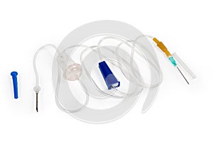 Disposable set for intravenous drip infusion with removed protective caps