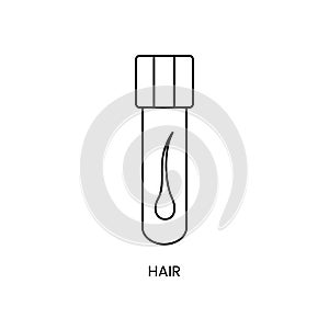 Disposable sterile medical tube with human hair for laboratory analysis of biomaterial, line icon in vector.