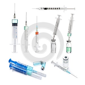 Disposable syringes with needles and vials on white background, collage